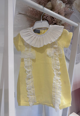 SS24 Lemon knitted romper with lace & tulle bows