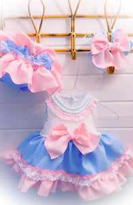 SS24 Blue & Pink Dress, Bloomers & Hair Bow
